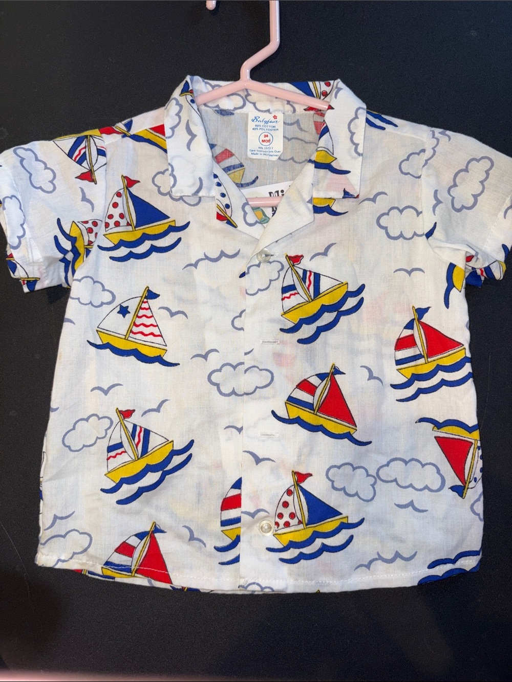 Vintage 80’s Kids Sailboat Short-Sleeve Button-Up Shirt - Boat Print. Box YY